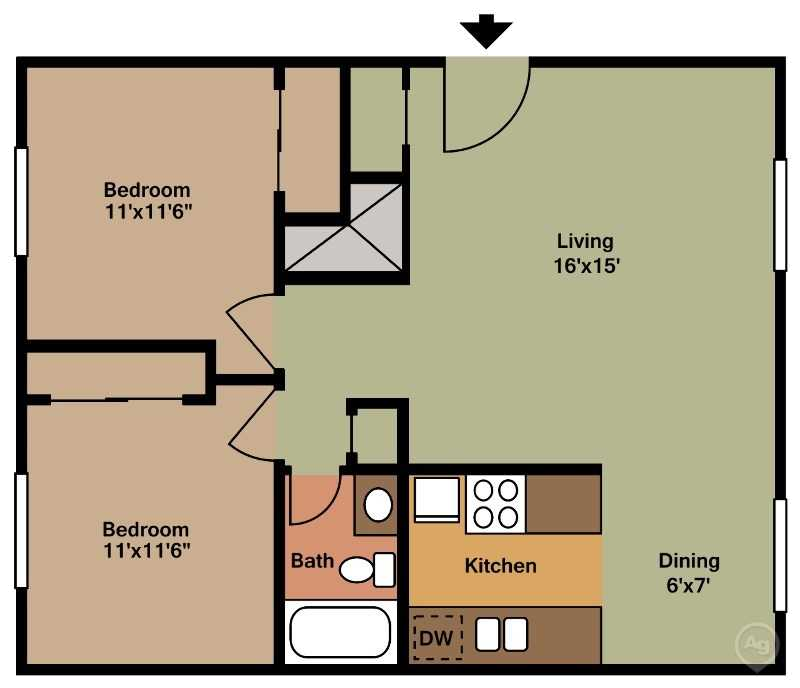 Floor plan for 2 beds, 1 bath, 850 sqft